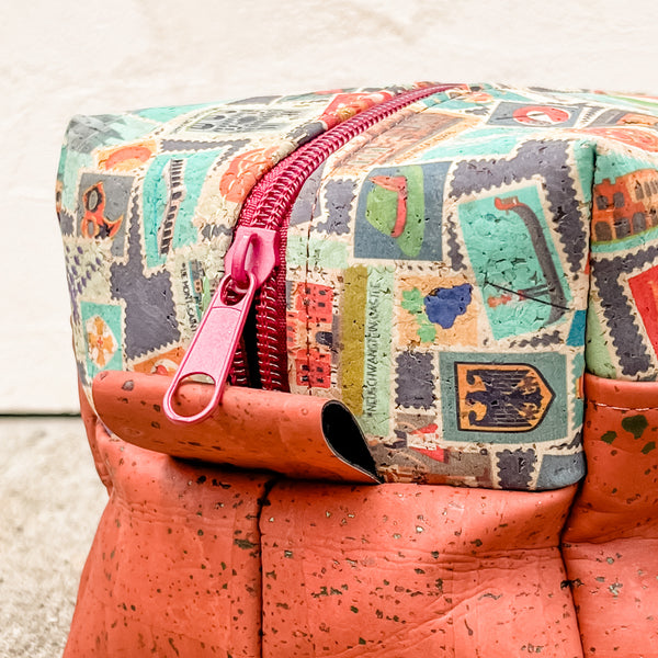 Cork Toiletry/Dopp Kit | Postage Stamps/Terracotta