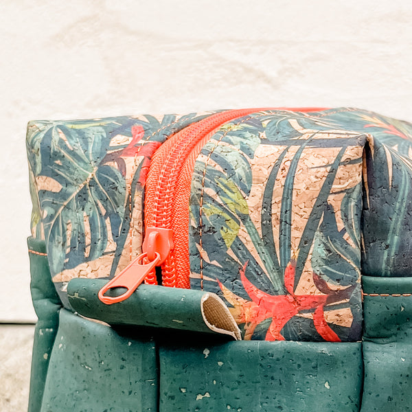 Cork Toiletry/Dopp Kit | Tropical Leaves/Blue Petrol